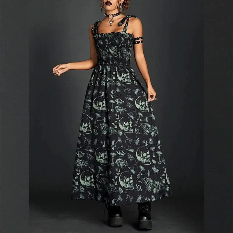 Goth Dark Fairy Grunge Y2k Aesthetic Skull Graphic Dresses Mall Gothic Shirring Lace Up Long Dress Punk A-line Slim Emo Clothing - M & M Global
