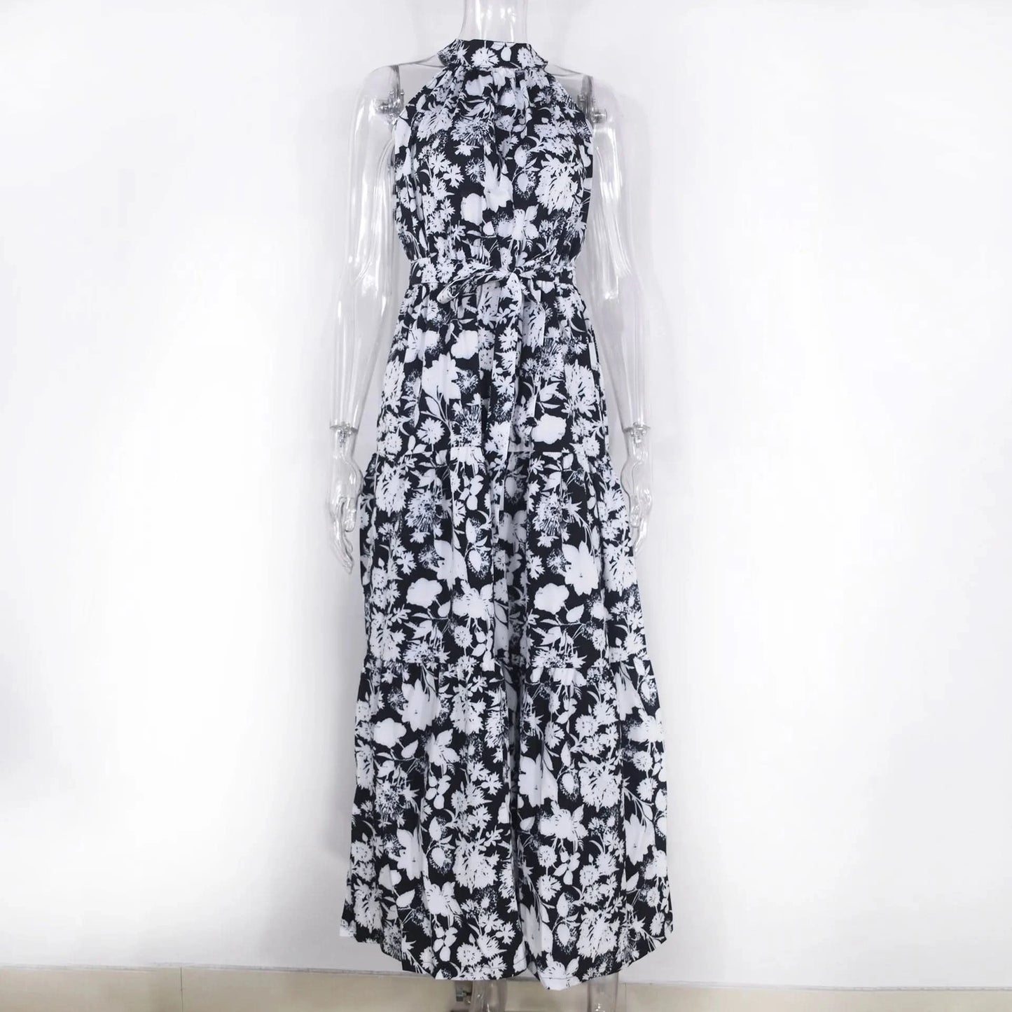 Summer Floral Print Halter Neck Dresses For Women Sleeveless Leace-up Long Dress Casual Beach Holiday Vestidos Female Clothing - M & M Global