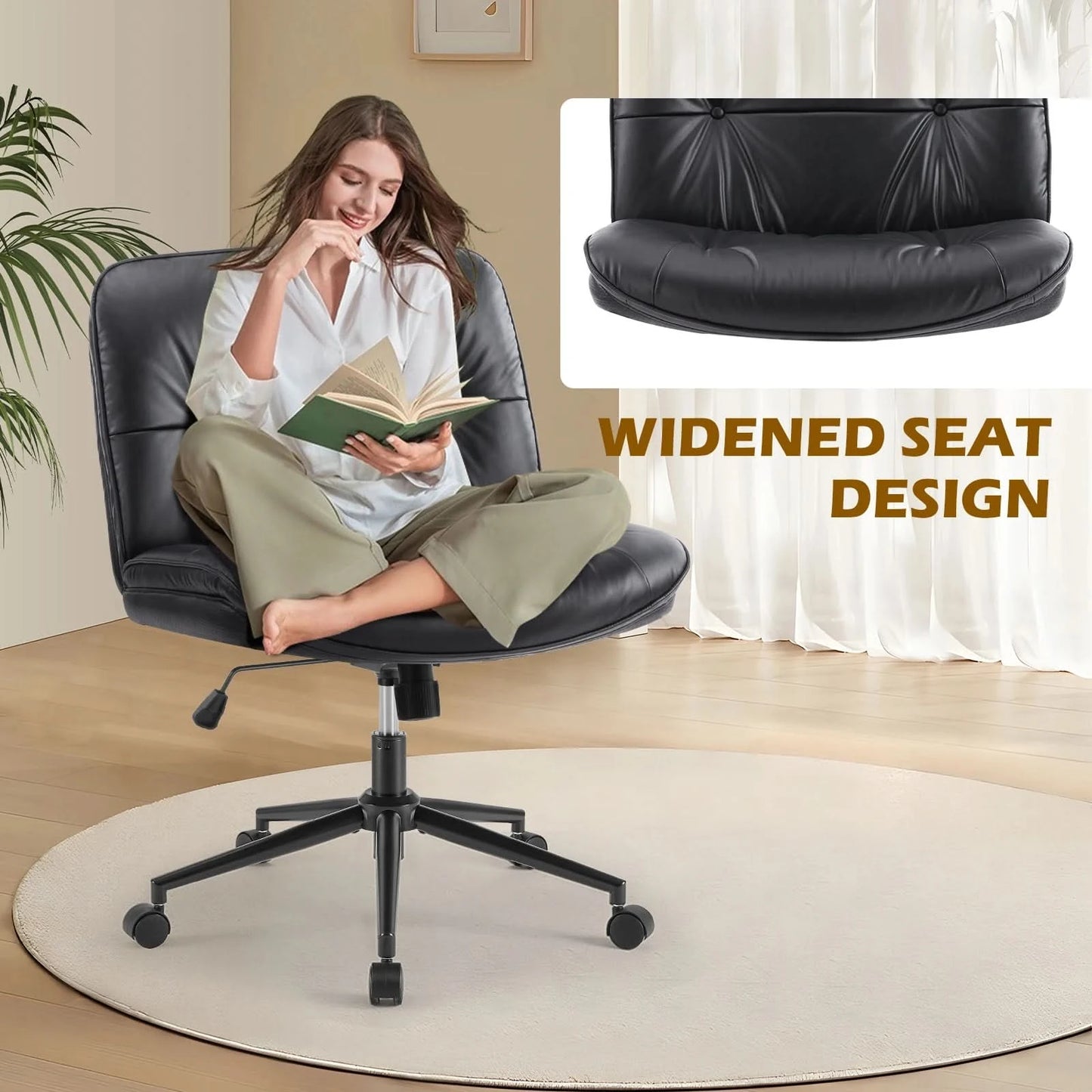 JHK PU Leather Cross Legged Office Chair with Wheels Armless Desk Chair Height Adjustable Swivel Wide Seating for Home Bedroom