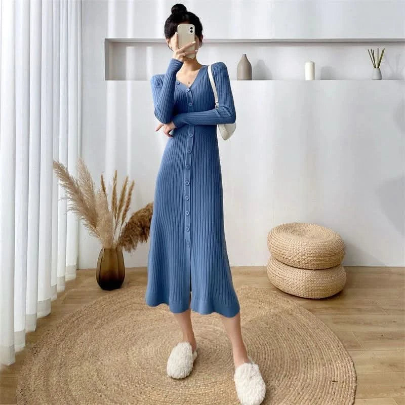 Lucyever Elegant Knitted Long Dress for Women Korean Chic Buttons Slim Fit Midi Dresses Female Streetwear V Neck Party Vestidos - M & M Global