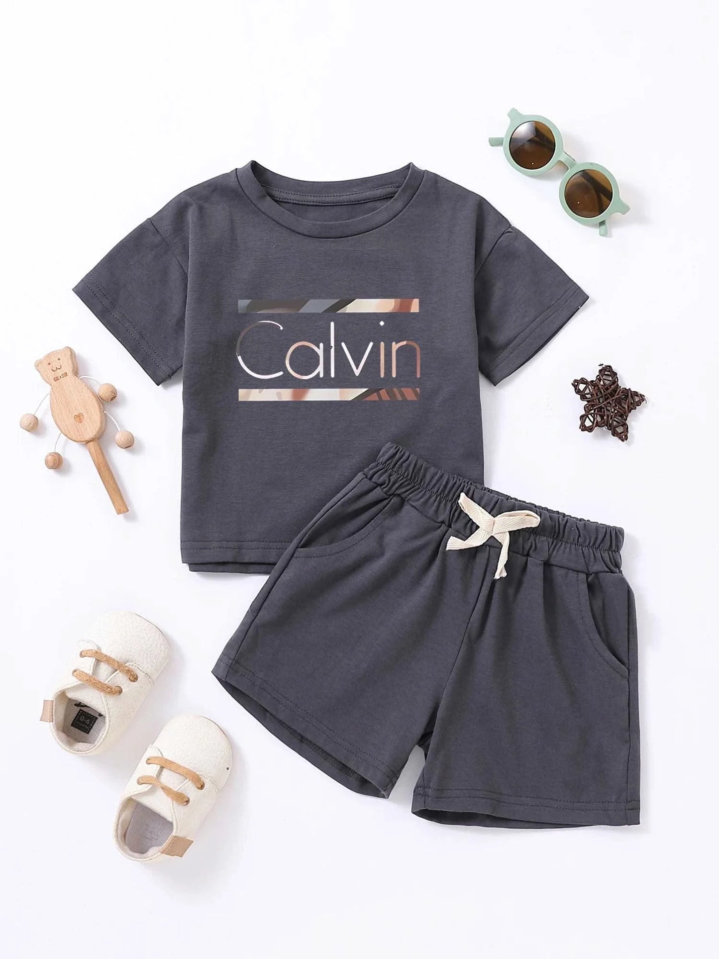 Children Calvin Letter Print Suits Cotton T-shirts + Shorts 2PCS Clothes Sets Boys Girls Fashion Outfits 1-7Y - M & M Global