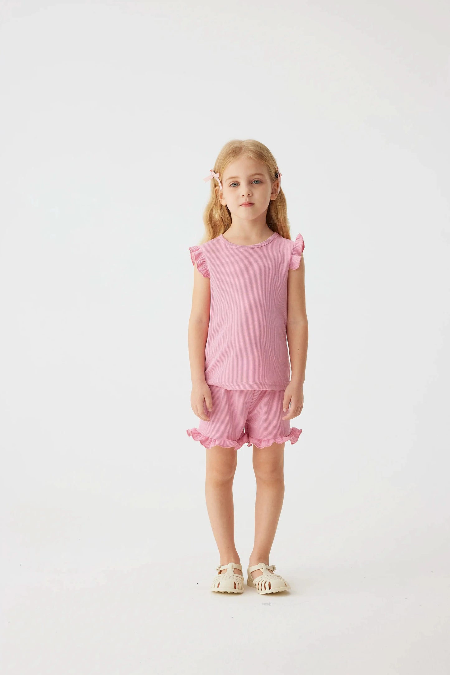 2024 Summer Hot selling Little Girl Daily Casual Clothing Minimalist Little Girl Polyester Set Cool Sleeveless Shorts Set Girl - M & M Global