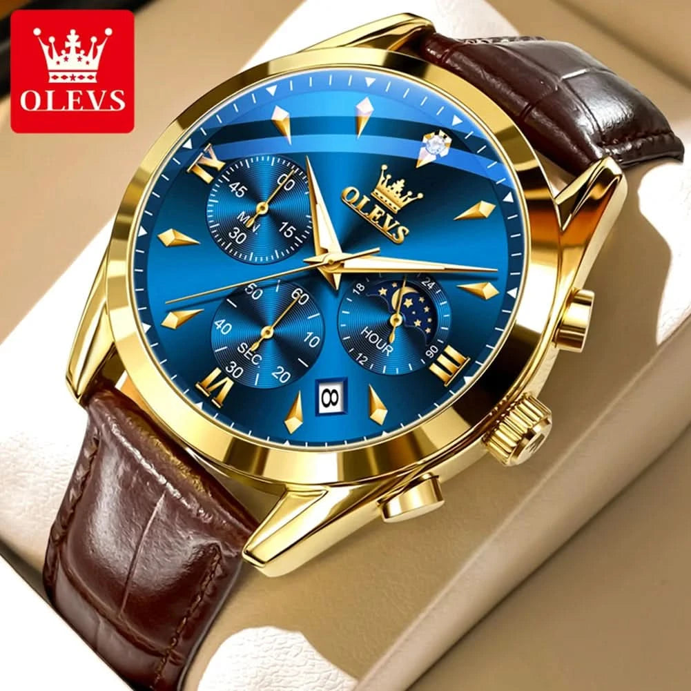 OLEVS Original Watch Leather Strap Moon Phase Luminous Quartz Watches for Man Waterproof Calendar Business Trend Wristwatch - M & M Global