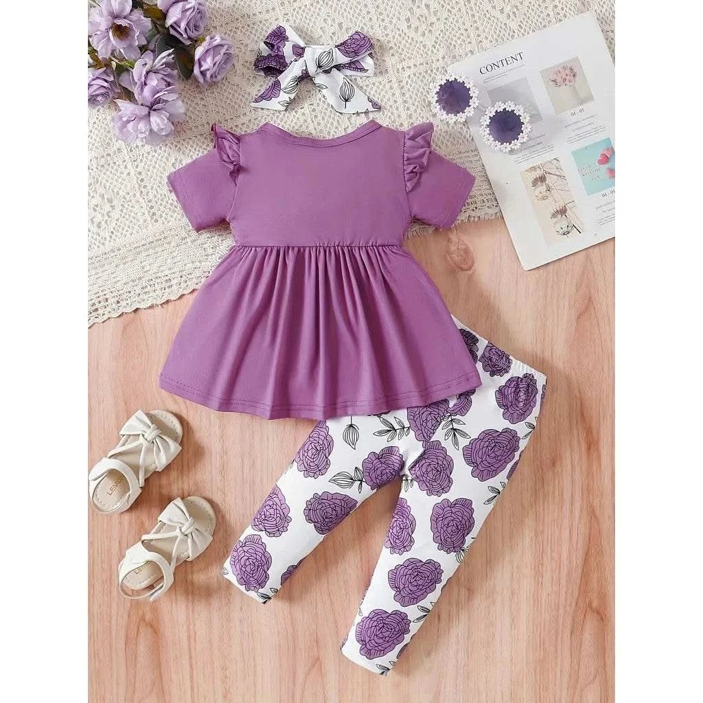 0-3 Years Baby Girl 3PCS Clothes Set Purple Short Sleeved Top+Floral Pants+Headband Fashion Toddler Girl Summer Daily Outfits - M & M Global