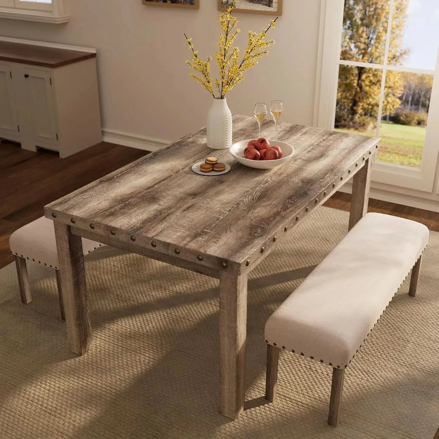 Rustic Dining Table, Farmhouse Kitchen Dining Chairs , Charming 60" Rectangular Wooden Table& Upholstered