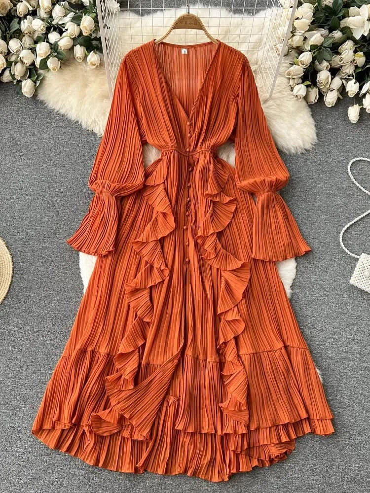 Purple/Brown/Red Chiffon Pleated Long Dress Women Vintage V-Neck Flare Sleeve Draped Ruffle Vestido Female Maxi Robe Spring Fall - M & M Global