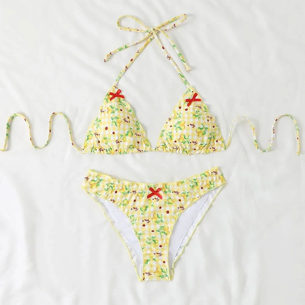 Women Y2k Bikinis Sets Coquette Aesthetic Bows Halter Tie Up Bikini Top High Cut Elastic Waist Bikini Bottom - M & M Global