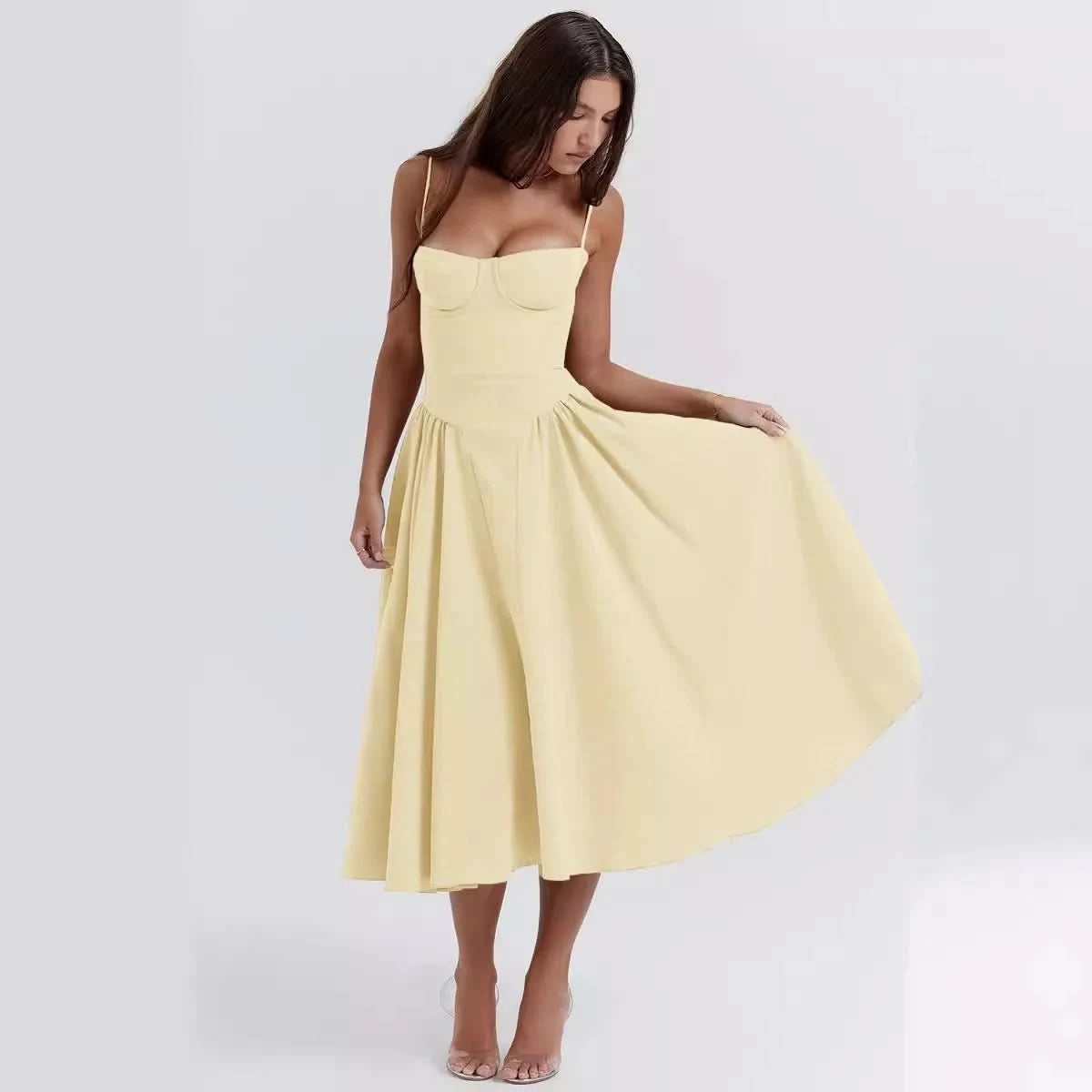 Summer Women Elegant Sleeveless Backless Pleated Dresses Lady Sexy Solid Sling Midi Dress 2024 Female Party Evening A-line Robes - M & M Global