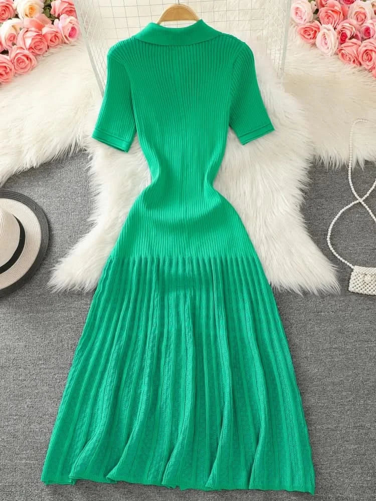 Summer 2024 New Women's Black Beige Single Breasted Knitted Long Dress Green Elegant Office Lady Short Sleeve Pleated Dress Chic - M & M Global