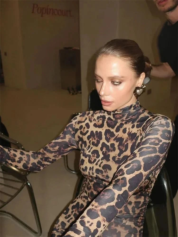 Print Leopard Print Slim Long Dress Women's Fashion Long Sleeve Sexy Party Dress Summer Street Leopard Print Long Dress 2024 New - M & M Global