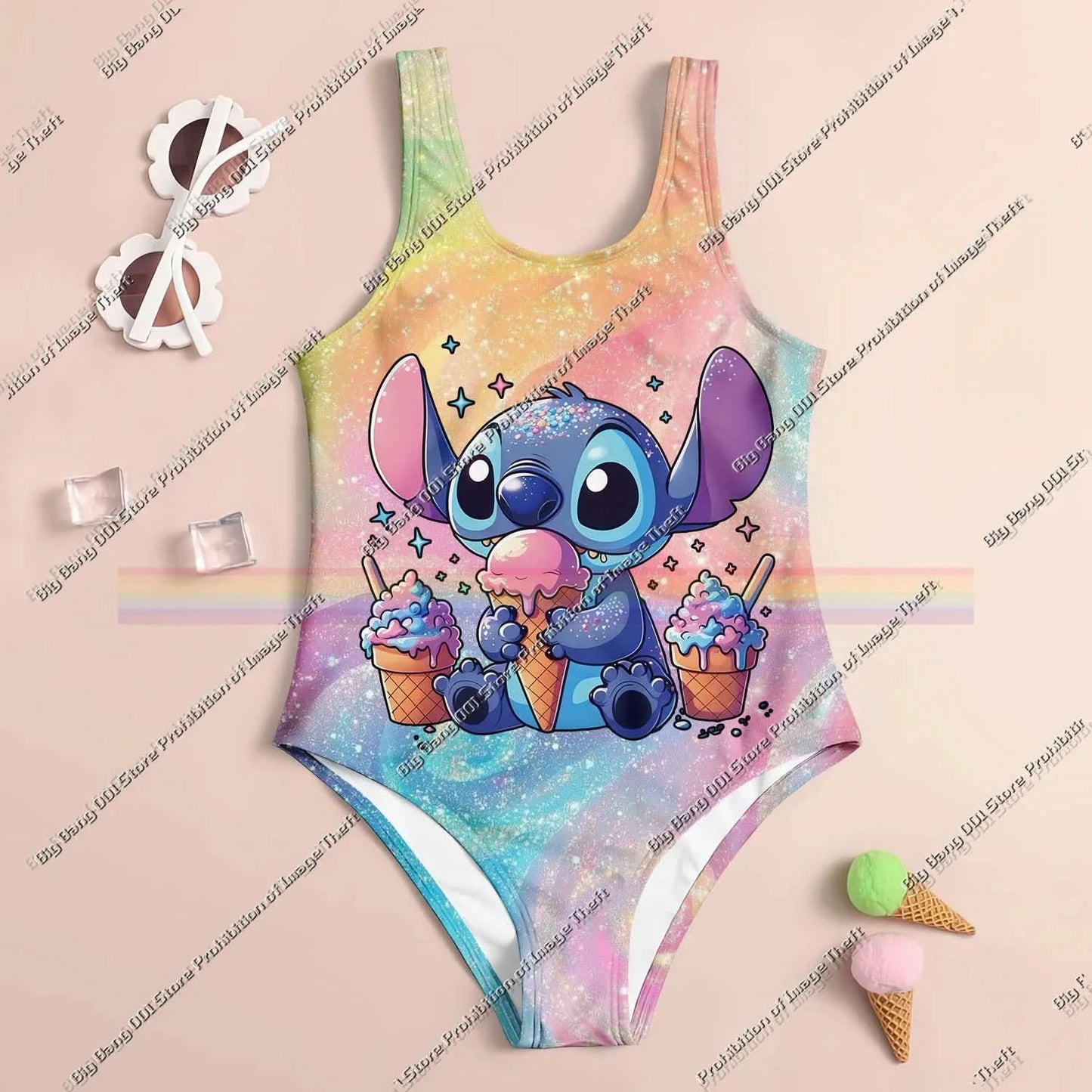 Stitch Cartoon Miniso 2025 Summer 3D Printing Kids Clothing Swimsuit Girls Boys Two Piece Bikini Set Beach Party Essential - M & M Global