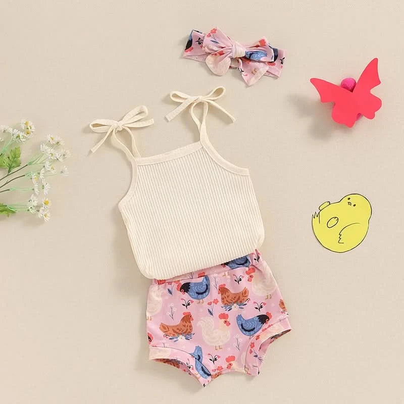 Toddler Girl 3 Piece Summer Set Floral Print Sleeveless Romper with Ruffle Trim Denim Shorts Bow Headband Outfit - M & M Global