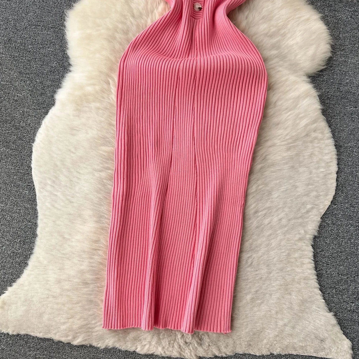 Summer Elastic Women Solid Knit Dress Summer Rose Red Retro Loose Sundress Sets 2024 bodycon Streetwear Sheer Beach Long Dress - M & M Global