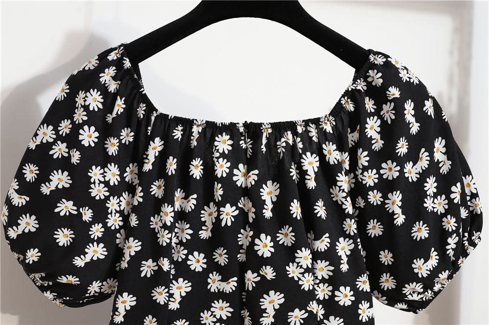 Women Mini Dresses Summer Fashion Female Vestidos Print Floral Chiffon Dresses Shirring Pleated Short Puffy Sleeve Casual Dress - M & M Global