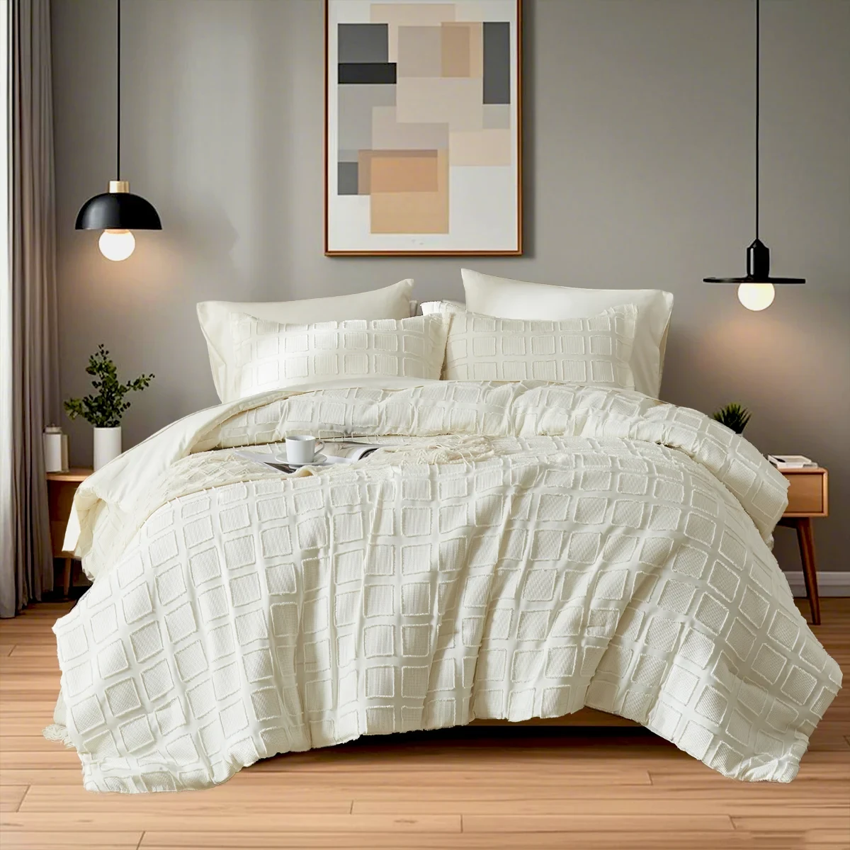 Neatly made bed with textured bedding in a modern bedroom setting.
Floral textured comforter
Ultra-soft microfiber comforter
Cut flower design bedding
All-season quilt set
Lightweight comforter set
Solid color bed set
Machine washable bedding
Fade-resistant bedding
Cozy bedroom gift set