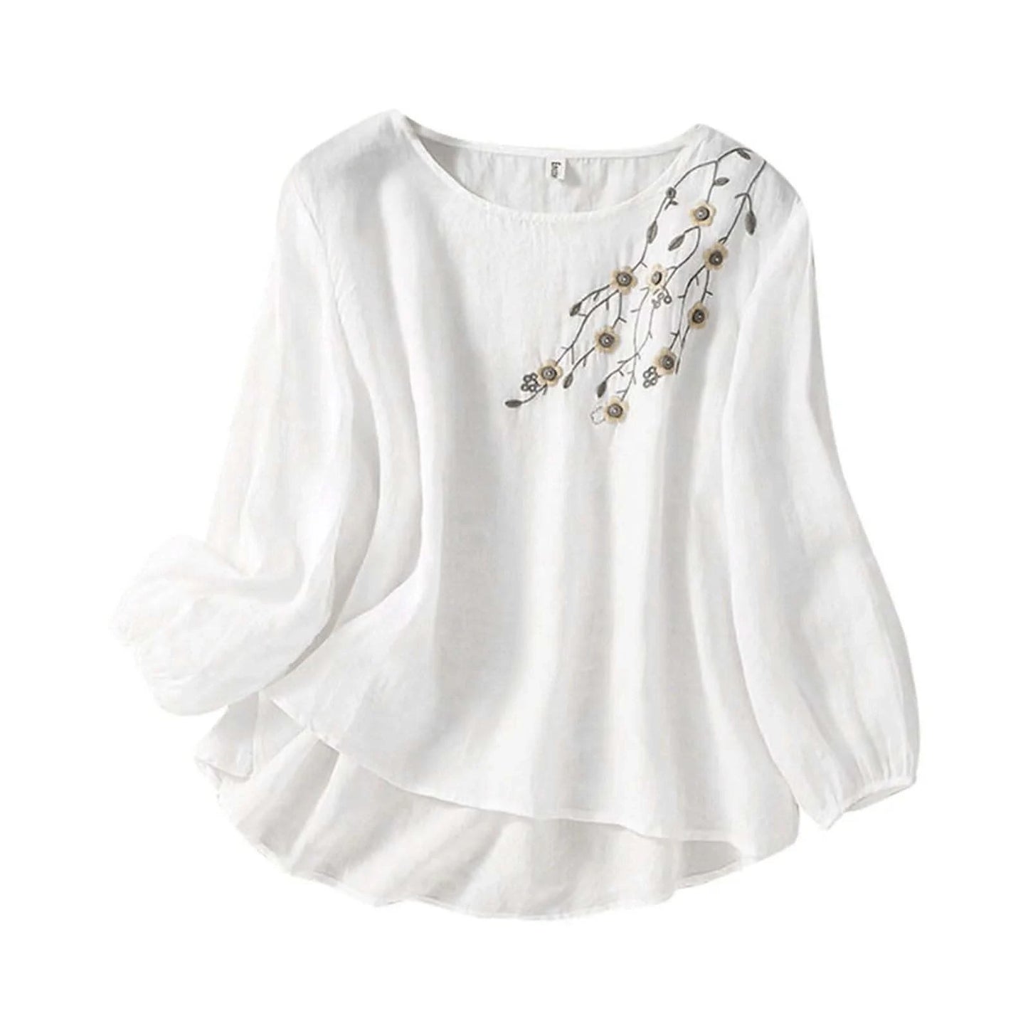 Cotton Linen Blended Summer Blouse Women Embroidered Floral Thin Long Sleeve Blouses Round Neck Loose Female Top - M & M Global