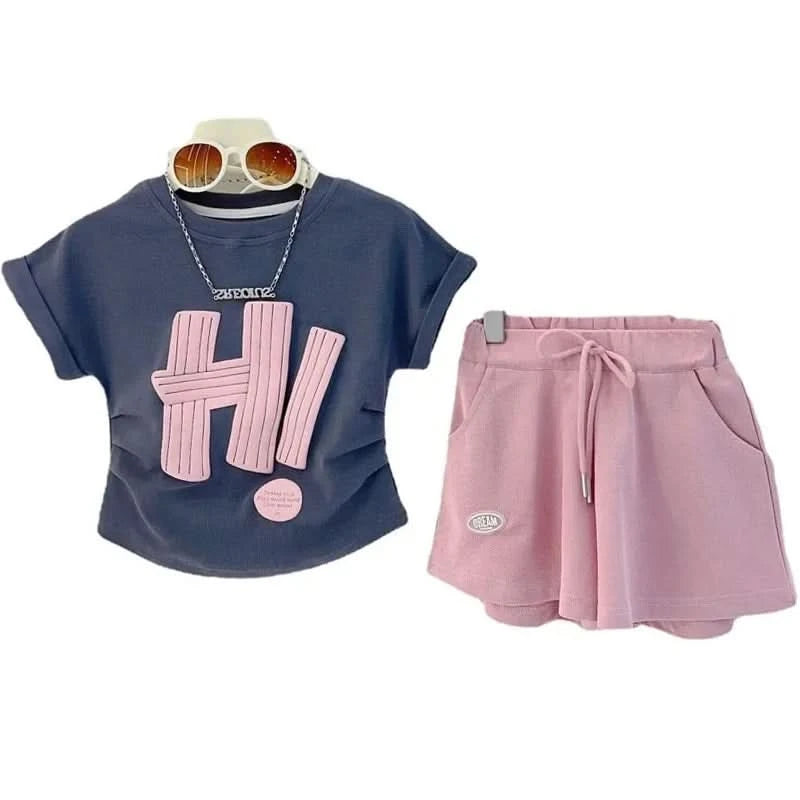 Girls Clothes Sets 2024 Summer Children Short-sleeved Suit Teenage Girls Letter T-shirt Shorts Tracksuit Outfit Clothing Set - M & M Global