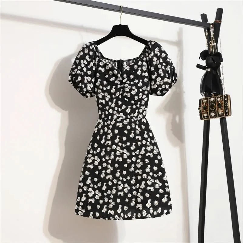 Women Mini Dresses Summer Fashion Female Vestidos Print Floral Chiffon Dresses Shirring Pleated Short Puffy Sleeve Casual Dress - M & M Global