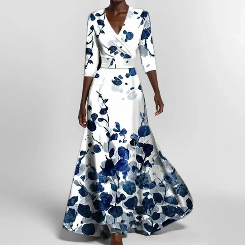 Spring Summer Women Fashion V Neck Belted Party Long Dress Sexy Printing Boho Maxi Dresses Short Sleeve Pocket Femlae Holiday - M & M Global