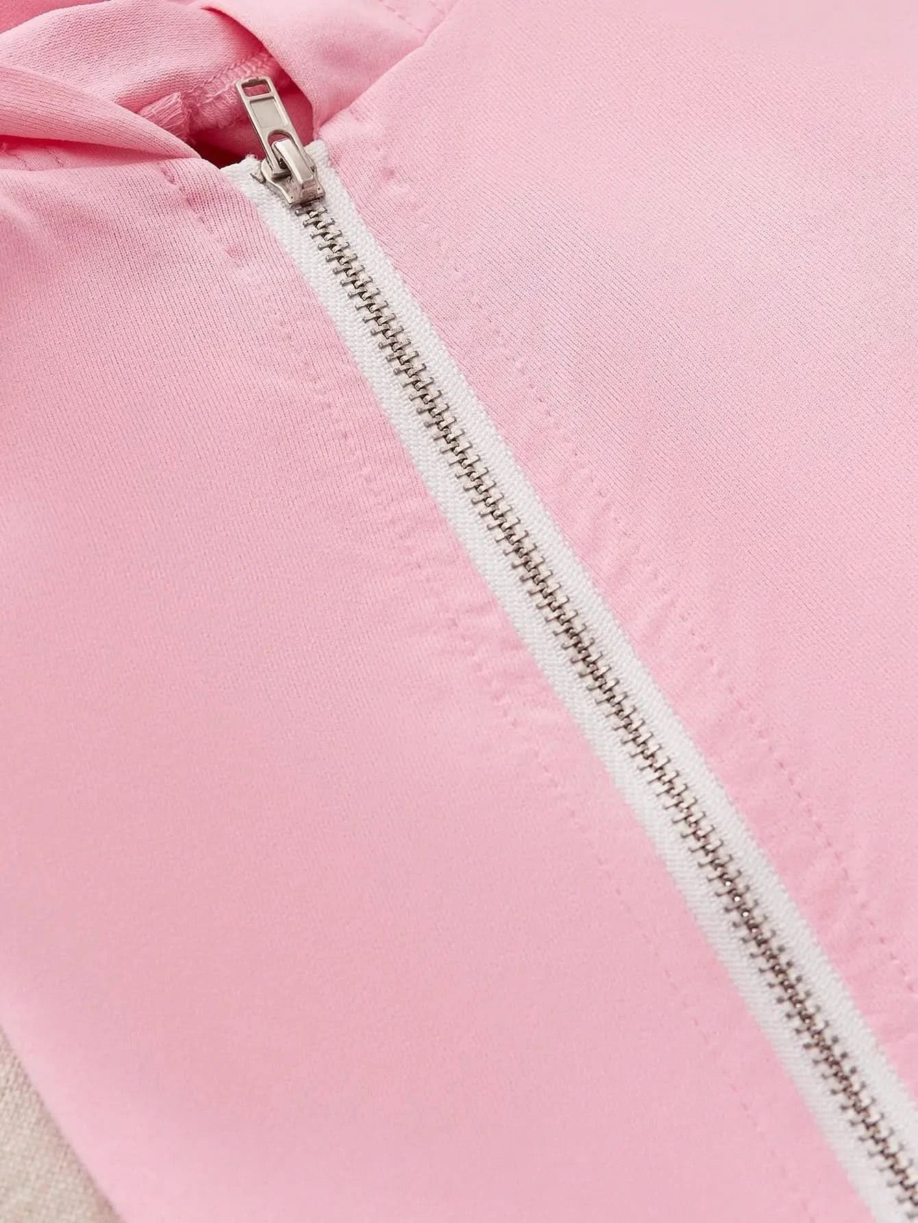 Women's Pink Zipper Sportswear Set of 2 Pieces Jogger Letter Printed Jogging Sportswear Hoodie and Sweatpants Set