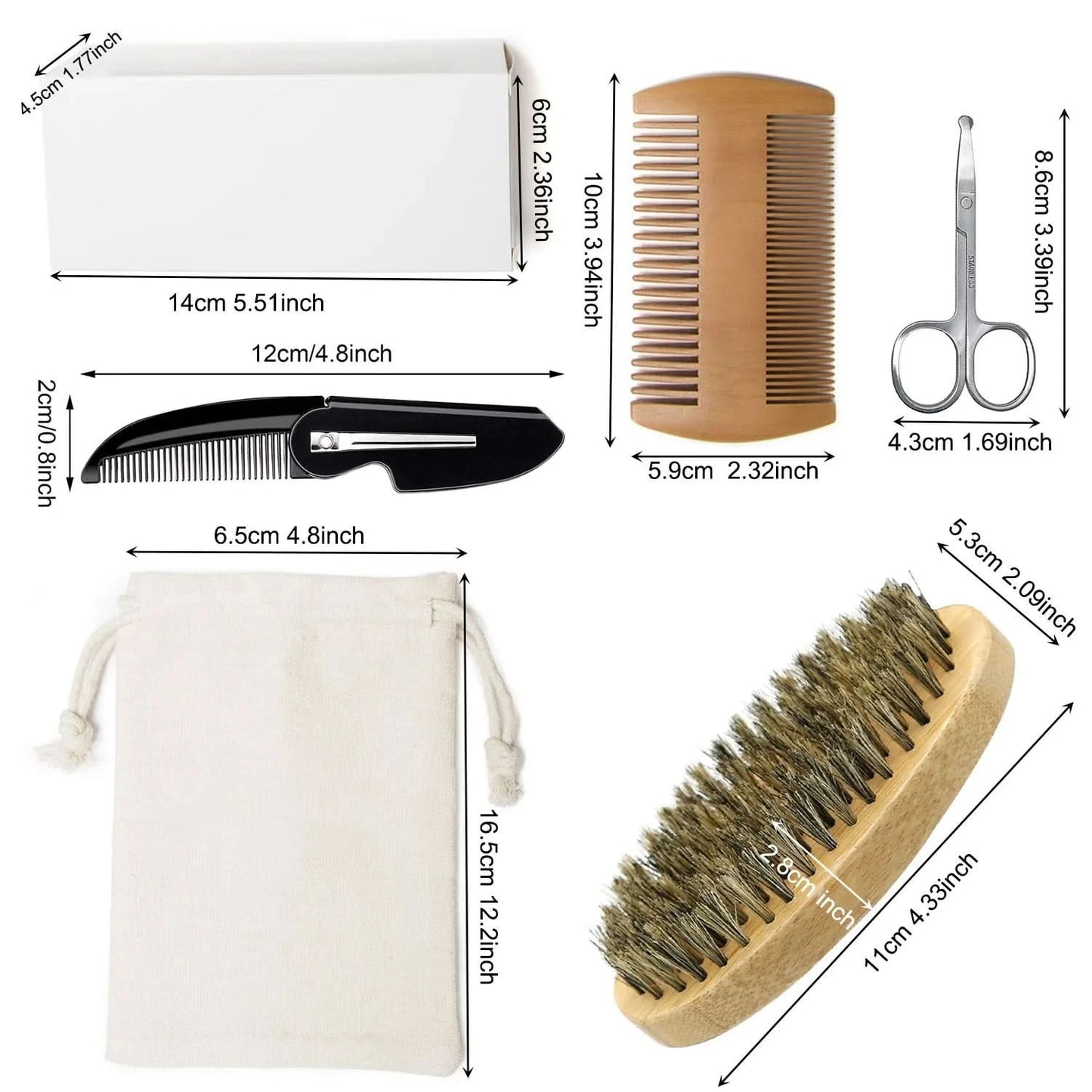 Men Shaving Bamboo Brush Comb Set Boar Bristle Portable Barber Beard Brush Comb Scissors for Facial Cleaning Styling Tool - M & M Global