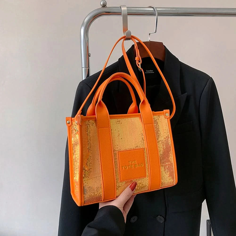 New The Tote Bag Letter Printed Sequins Top-Handle Bag Women Leather Handbag Luxury Designer Glitter Shoulder Crossbody Bag - M & M Global