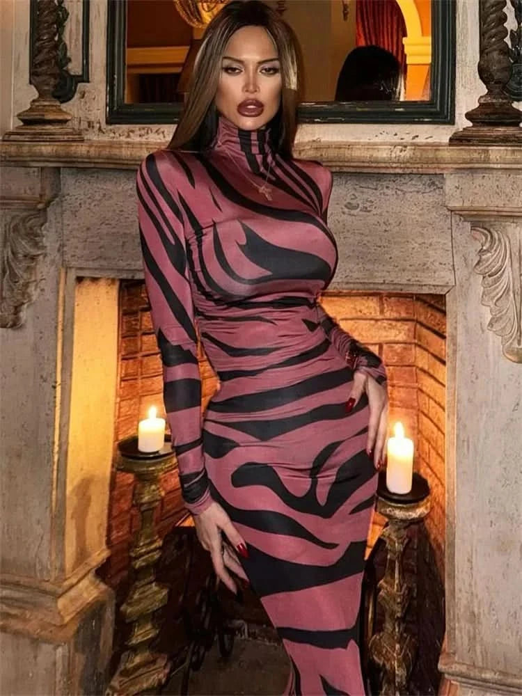 Print Leopard Print Slim Long Dress Women's Fashion Long Sleeve Sexy Party Dress Summer Street Leopard Print Long Dress 2024 New - M & M Global