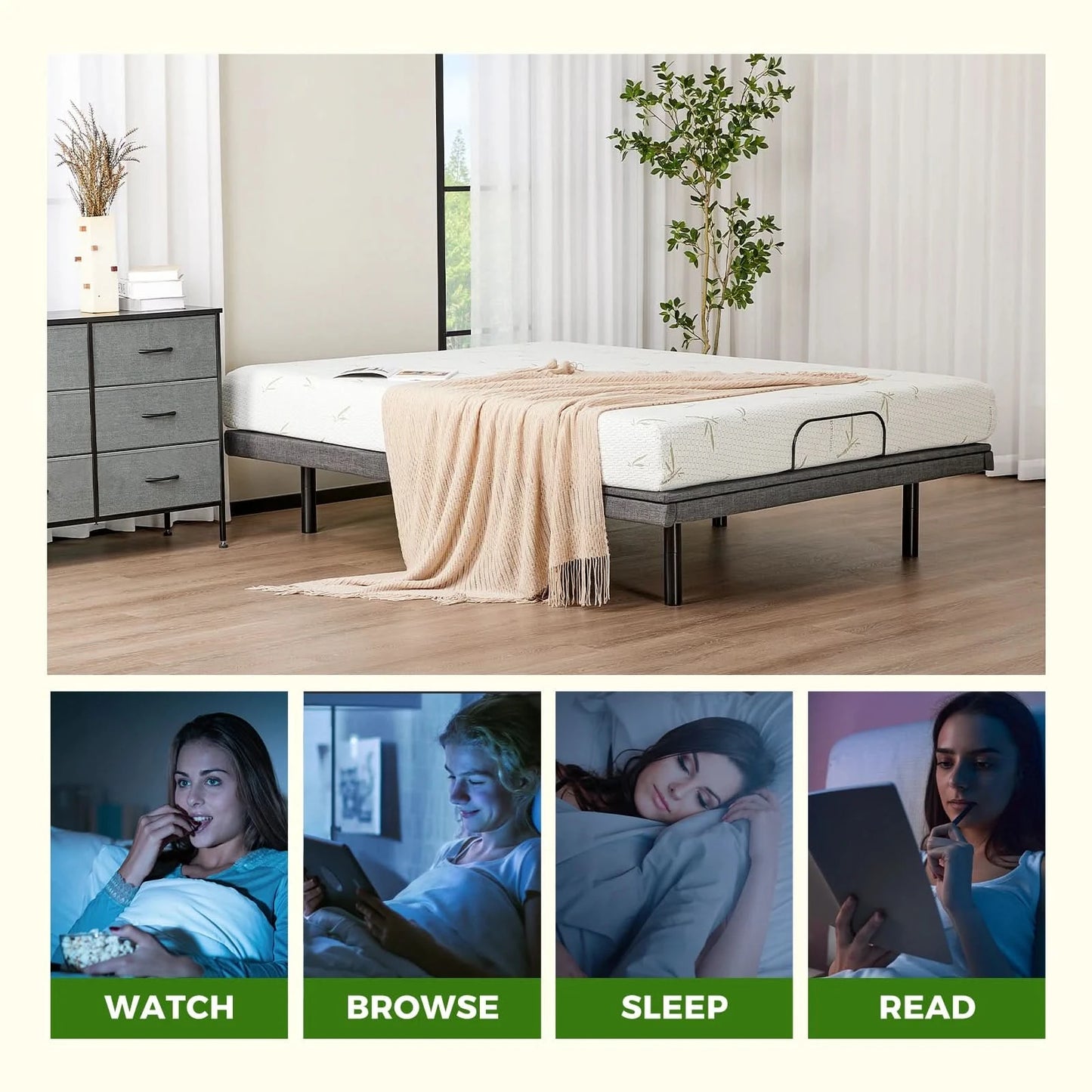 JHK Electric Queen Size Bed Ergonomic Adjustable Bed Frame with Wireless Remote Zero Gravity Bed with 2 USB Ports For Bed Room