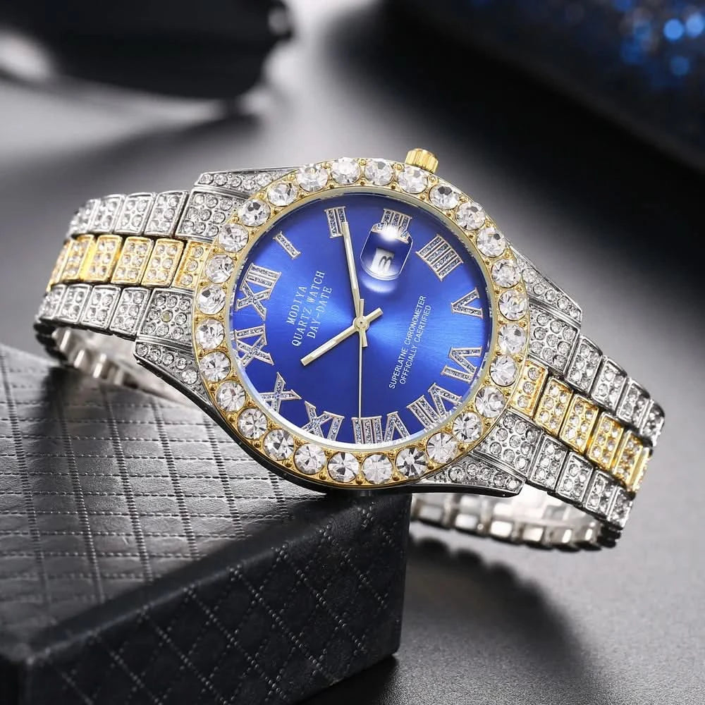 Hip Hop Iced Out Men Watch Full AAA Rhinestone Around Luxury Quartz Watches Round Clock Unisex Wrist Watch Gift For Boyfriend - M & M Global