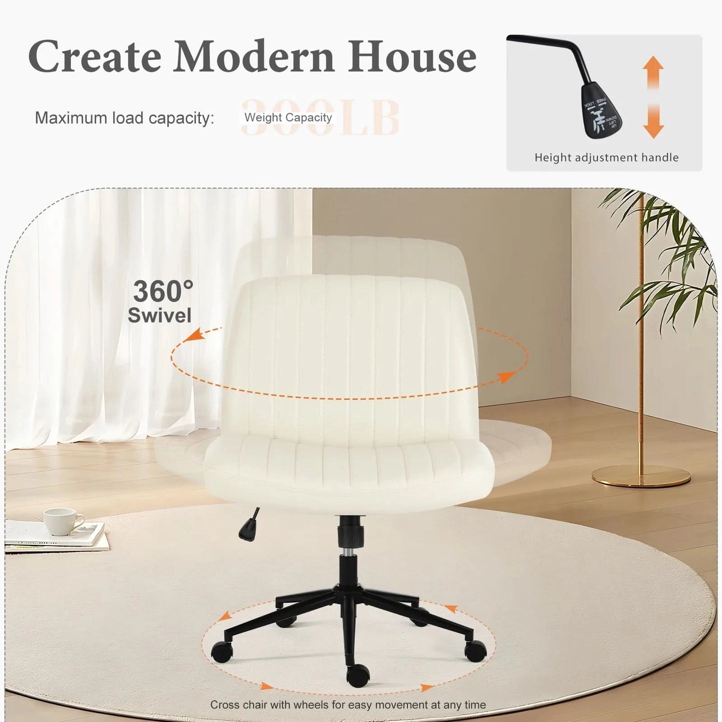 JHK Armless Cross Office Chairs with Wheels PU Leather Swivel Living Room Desk Chair Height Adjustable Support Seat Furniture