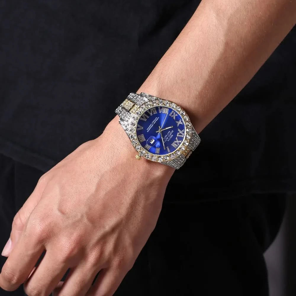 Hip Hop Iced Out Men Watch Full AAA Rhinestone Around Luxury Quartz Watches Round Clock Unisex Wrist Watch Gift For Boyfriend - M & M Global