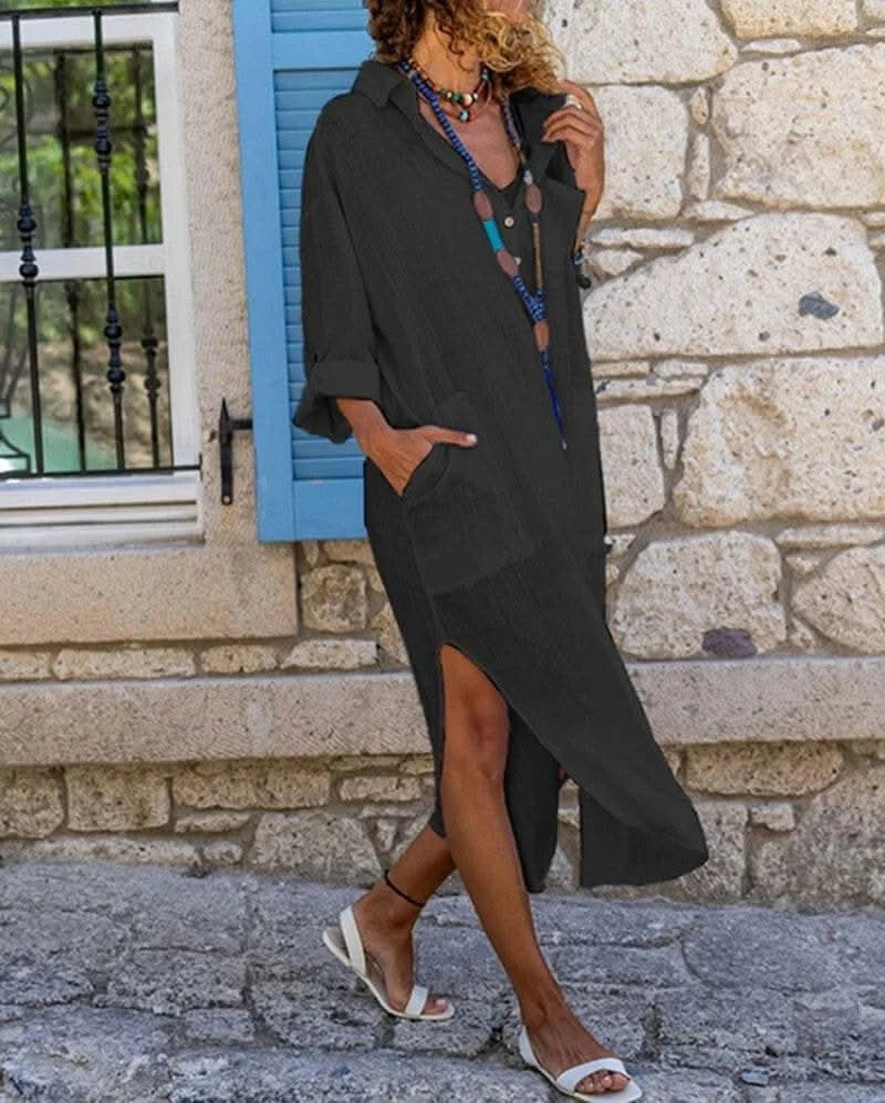 Casual Cotton Linen Loose Shirt Dress Women Summer Fashion Streetwear Split Button Long Dress White Black Beach Holiday Vestidos - M & M Global