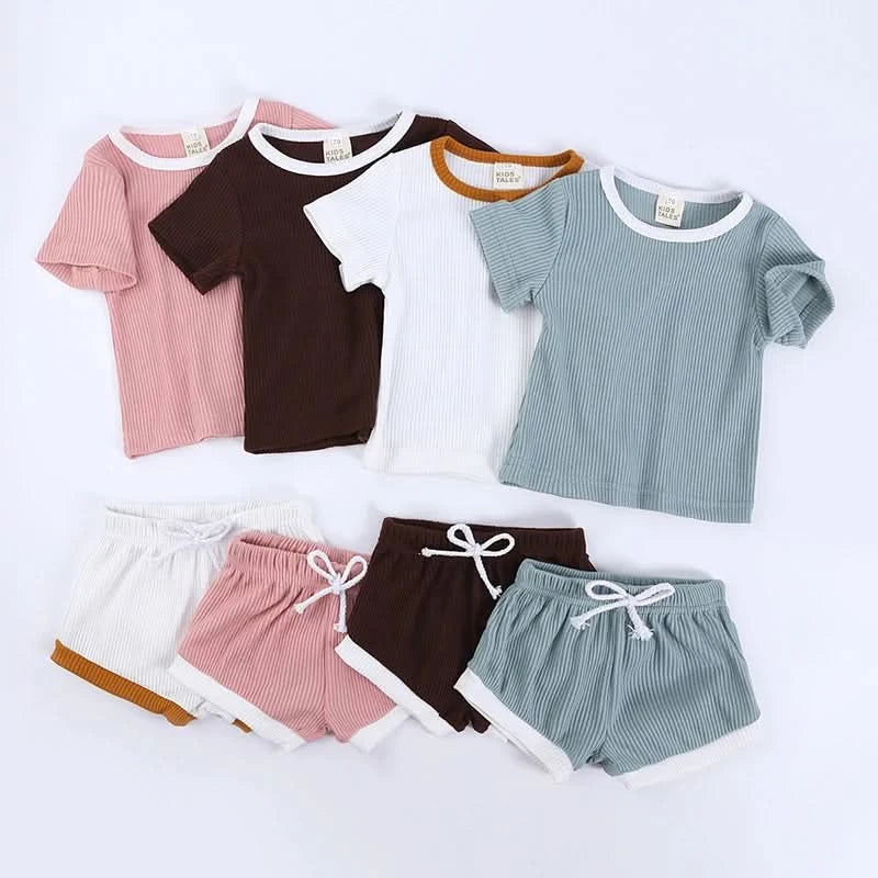 2025 New Style Baby Boy Clothes Sets For Children Kids Girls Clothes Ribbed Solid Cotton Short Sleeve Tee+Pants Toddler Clothing - M & M Global