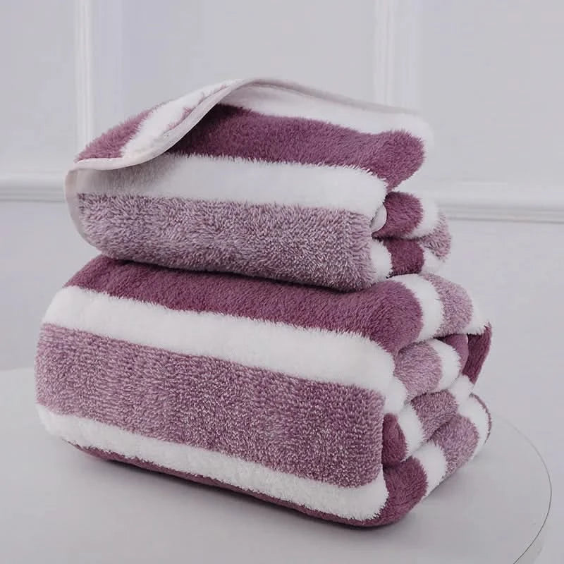 Soft Striped Bath Towel Set - Quick-Drying Absorbent Microfiber Face & Hand Towels for Bathroom, Home Spa - 70x140cm & 35x75cm - M & M Global