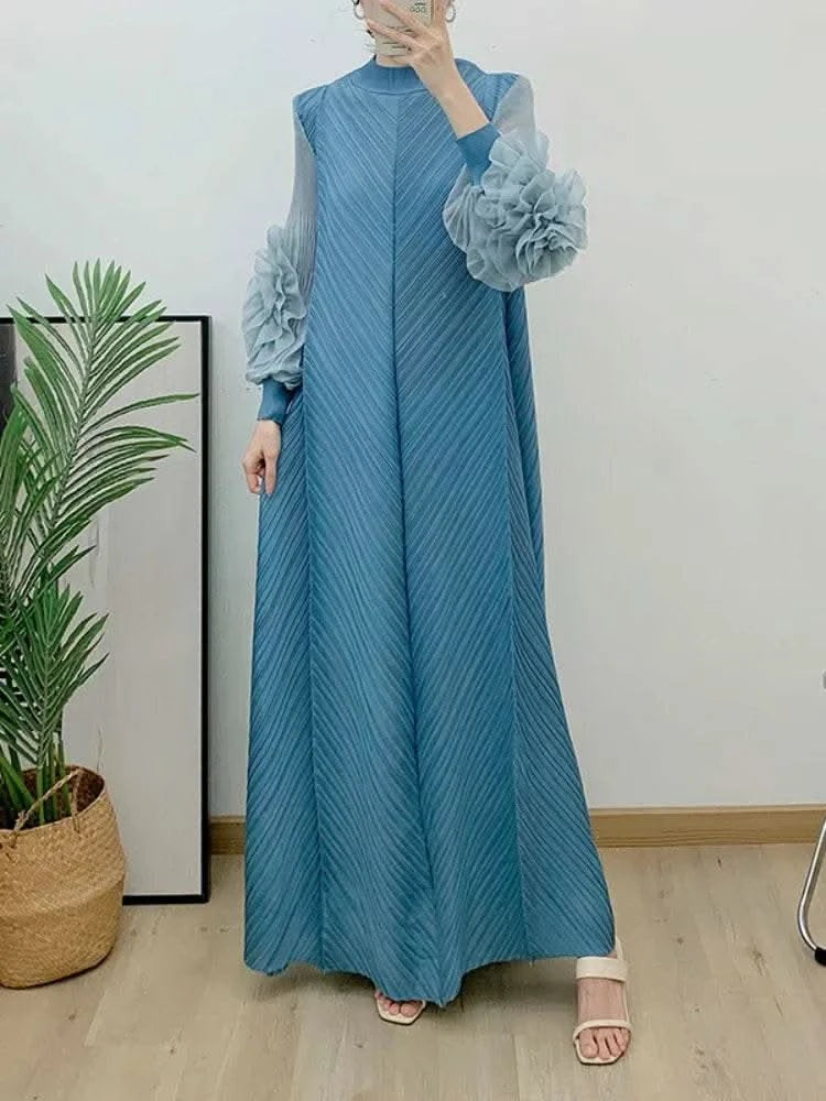 ANLAN Miyake Pleated Maxi Long Dress Mesh Petal Sleeve Half Turtleneck Formal Dresses for Women 2024 New Hot Sales 6KK9927 - M & M Global