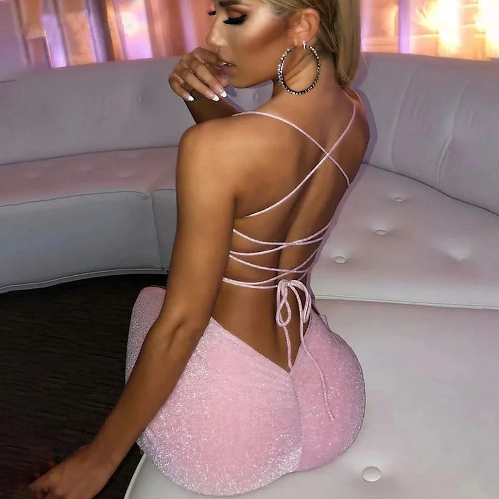 Sexy Bright Diamond Low-Neck Backless Long Dress Women Spaghetti Strap Lace Up Dresses Party Bodycon Elegant Princess Dress 2022 - M & M Global
