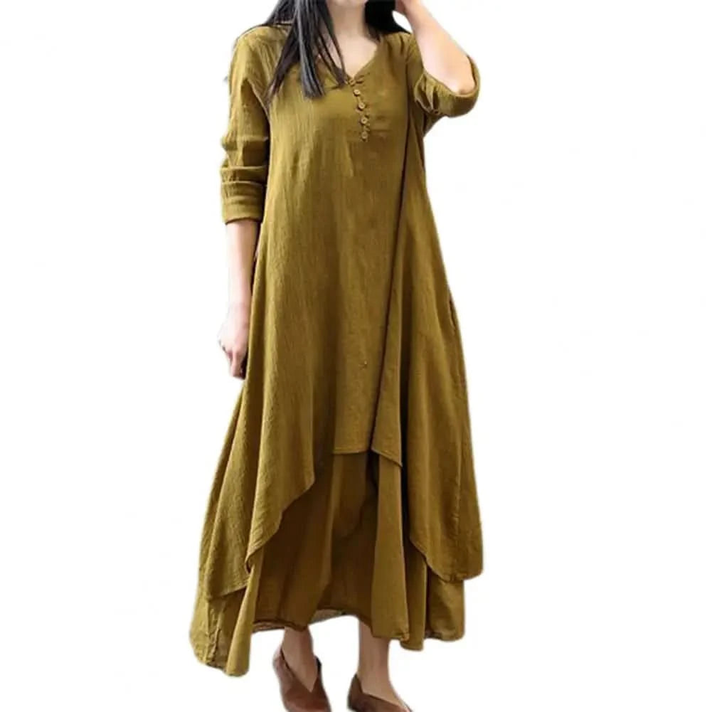 Women Elegant Linen White Dresses Bohemia Layering Vintage Robe Long Sleeve Loose Long Dress Female Autumn Vestidos - M & M Global