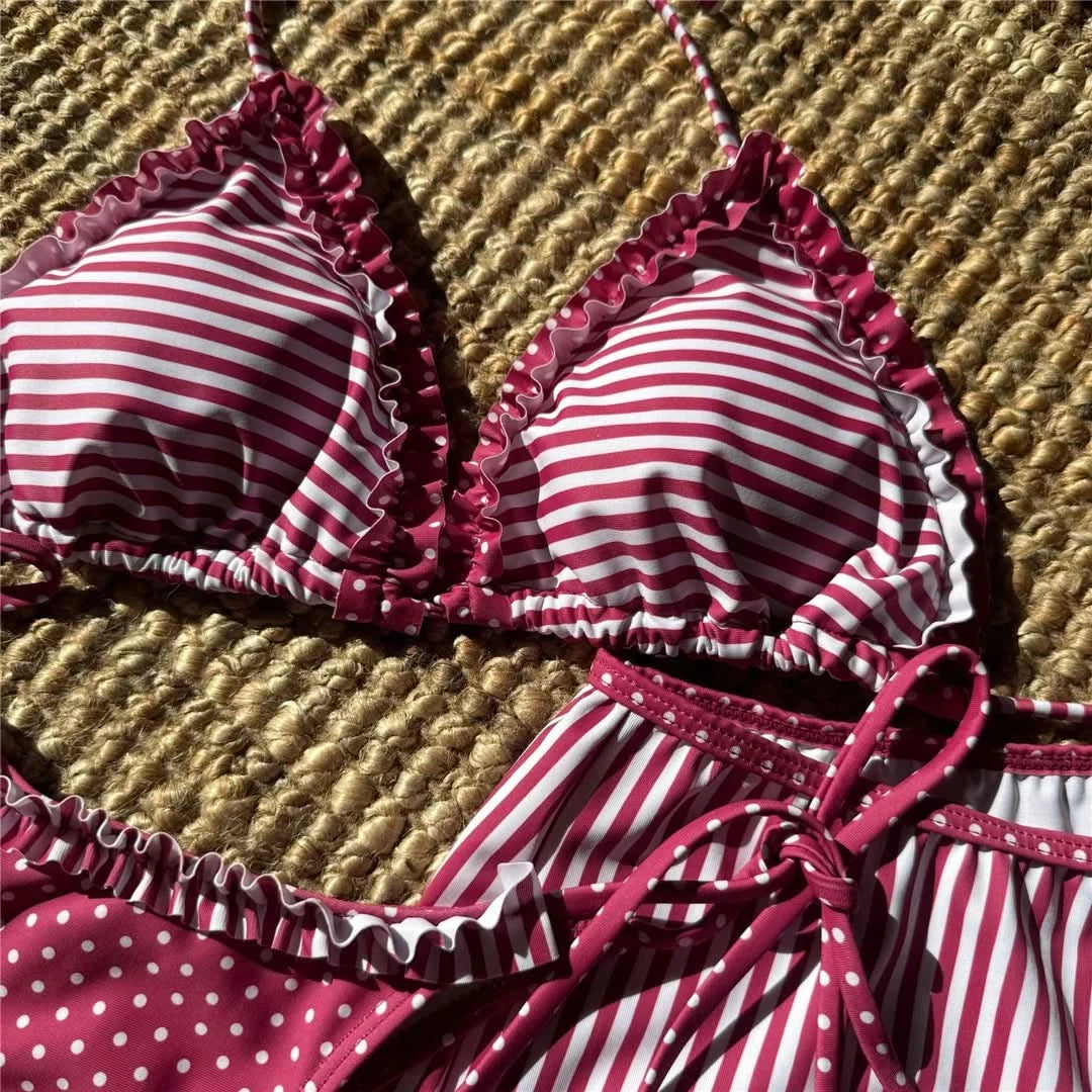New Striped Polka Dot Halter Shorts Bikini Female Swimsuit Women Swimwear Three-pieces Bikini set Bather Bathing Suit Swim V6384 - M & M Global