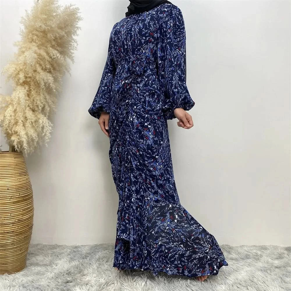 Muslim Women's dress Casual print bark crepe long dress Zipper collar long sleeves loose Muslim maxi dress - M & M Global