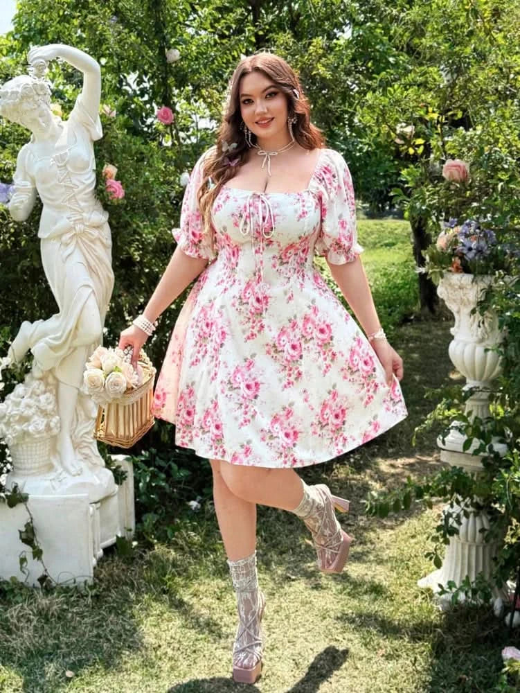 plus Size Spring Summer Vacation Romantic Vintage Print Butterfly Knot Bubble Sleeve Dress - M & M Global