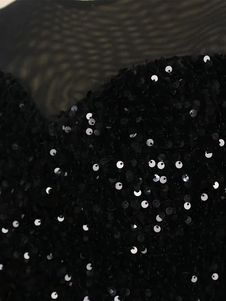 Women Sequined Shiny Black Long Dress Glitter Embroidered Chest Wrapped Puff Sleeve Classy Winter Fall Party Celebrity Gowns New - M & M Global