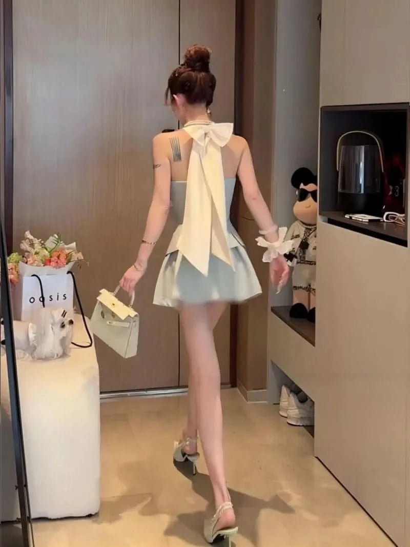 French Spicy Bow Splice Vest Pleated Skirt Two Piece Set Women Backless V-Neck Single Breasted Celebrity Fashion Slim Summer Set - M & M Global