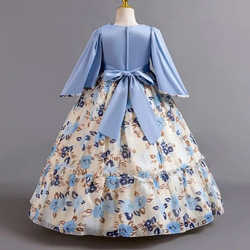 Girls flower pearl long sleeved princess dress 4-12 years old elegant bow printed long dress carnival birthday party performance - M & M Global