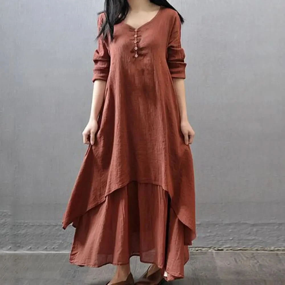 Women Elegant Linen White Dresses Bohemia Layering Vintage Robe Long Sleeve Loose Long Dress Female Autumn Vestidos - M & M Global