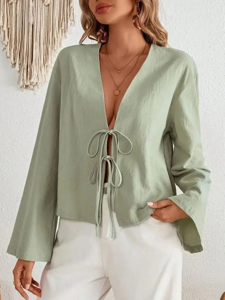 Sexy Lace Up Hollow Out Shirt Women Loose Solid V-neck Lantern Sleeve Tops Female 2024 Summer Casual Fashion Lady Short Blouses - M & M Global