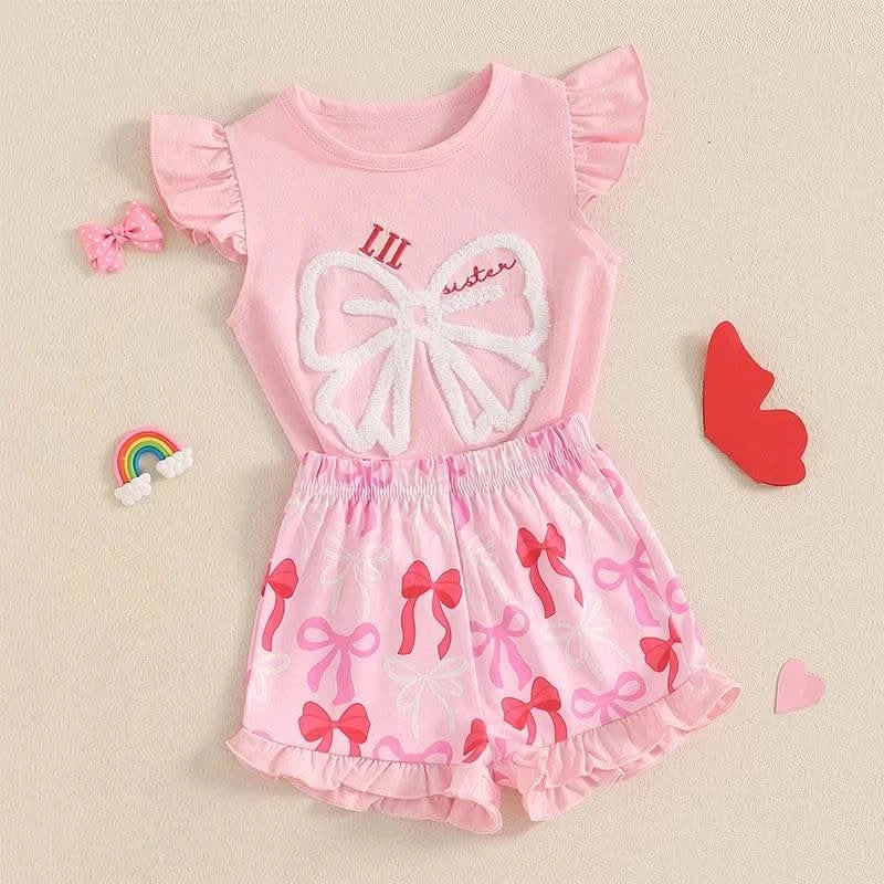 Cute Matching Baby Toddler Brother Outfit Bow Fly Sleeve Tops Elastic Waist Ruffle Shorts 2 Piece Summer Set for Siblings - M & M Global
