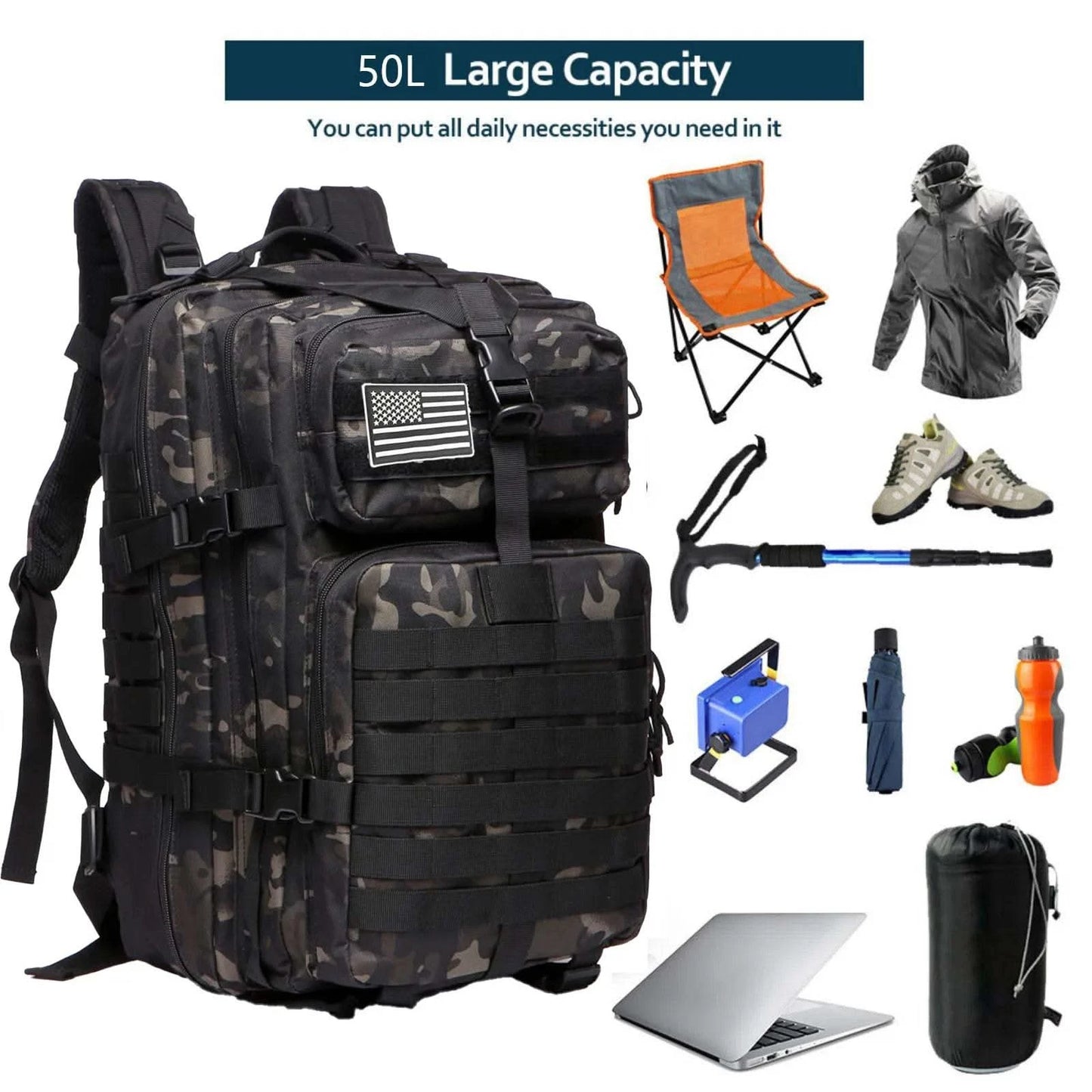 25L/50L Sturdy Nylon Waterproof Tactical Sports Trekking Fishing Hunting Camping Hiking Bag Backpack Outdoor Rucksacks - M & M Global