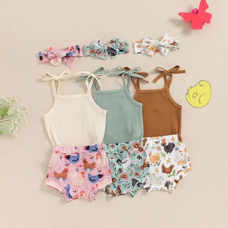 Toddler Girl 3 Piece Summer Set Floral Print Sleeveless Romper with Ruffle Trim Denim Shorts Bow Headband Outfit - M & M Global