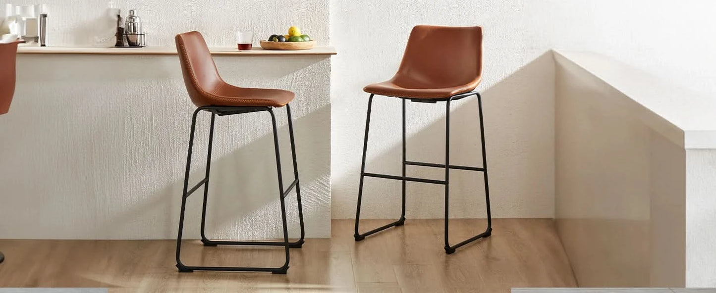 JHK Leather Modern Bar Bench 2-piece Set Armless Metal Leg Brown Bar Bench with Backrest Home Chair Living Room Furniture