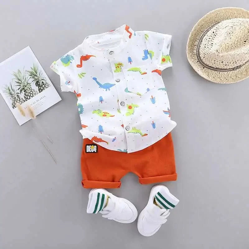 Infants and Toddlers Covered in Printed Cartoon Dinosaur Stand-up Collar Shirt Short Sleeve 2 Piece Set - M & M Global